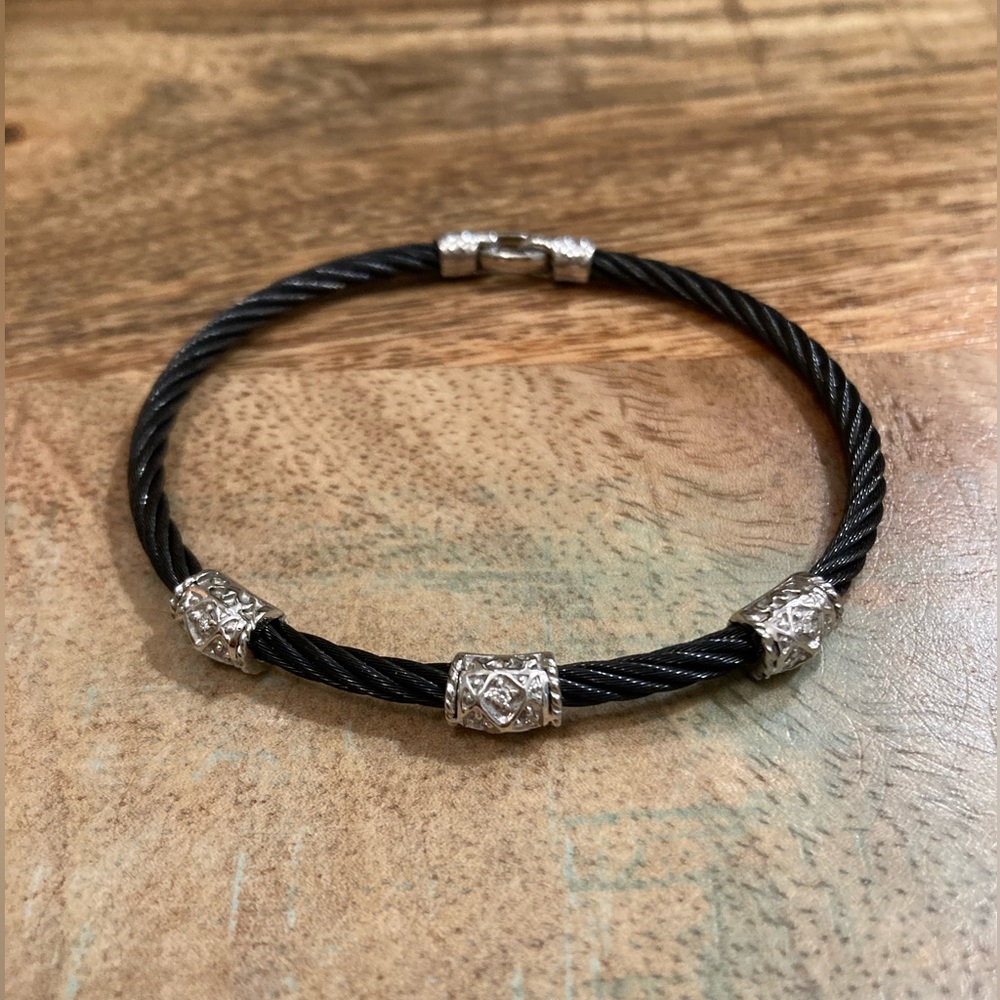 Charriol Black Stainless Steel and 18Kt White Gold Diamond Station’s Bracelet